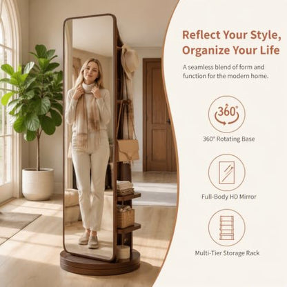 Walnut 360 Rotating Floor Mirror with Coat Rack - 2 Pieces