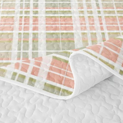 Grey Green Pink Plaid Quilt Set Full Bedding - Geometric Checkered Kids Bedspread