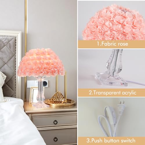 Pink Artificial Flower Bedside Table Lamp with Acrylic Base - Romantic Bedroom Decor