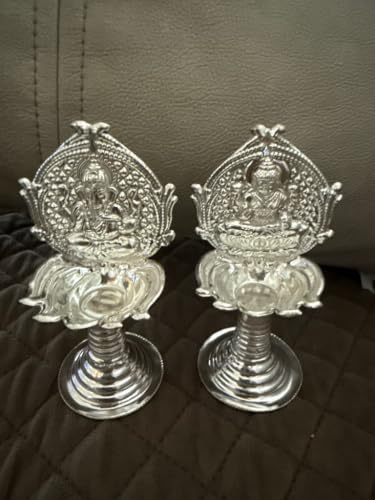 German Silver Lakshmi Ganesha Pooja Diyas Pair for Home Decor & Festivals