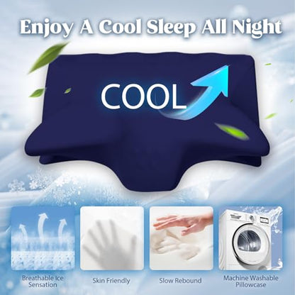 Cooling Memory Foam Neck Pillow with Support Armrests - Orthopedic Contour Bed Pillow for Side Back Stomach Sleepers, Navy