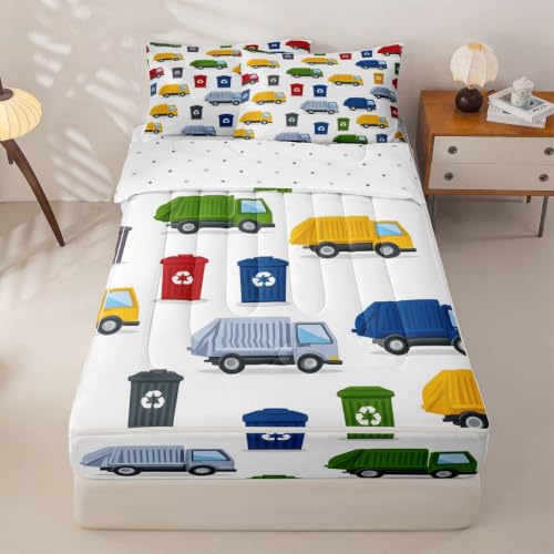 Kids Garbage Truck Comforter Set Twin with Zipper Bedding and Pillowcases - Cloud White & Traffic Palette