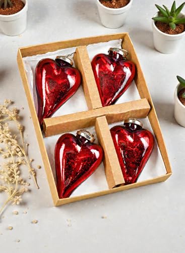 Set of 4 Antique Red Glass Heart Ornaments for Christmas & Valentine Decor