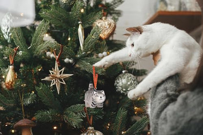 Grey Wooden Cat Christmas Ornament - Handmade Holiday Hanging Decor
