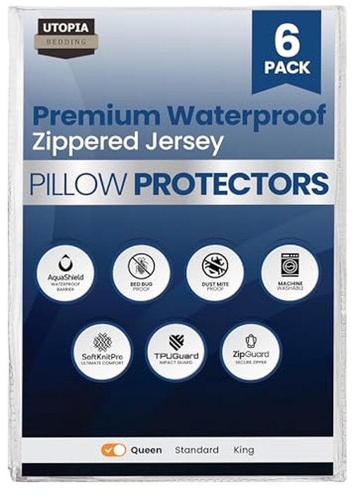 Set of 2 Pillow Protectors with Zipper Standard Size, Bed Bug and Dust Mite Proof Pillow Covers, Ultra Soft Pillow Encasements, Moisture Wicking and Waterproof Pillow Cases by Utopia Bedding (White)