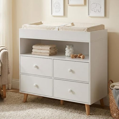 Baby Changing Table with 4 Drawers & Shelves - White Nursery Dresser