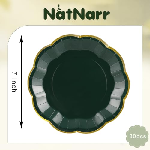 Green Paper Plates with Gold Trim - 7 Inch Scalloped Dinner Plates, Pack of 30 (Variation: Green / 7 Inch)
