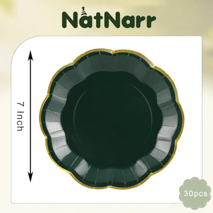Green Paper Plates with Gold Trim - 7 Inch Scalloped Dinner Plates, Pack of 30 (Variation: Green / 7 Inch)