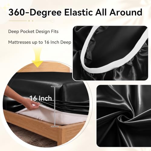 Split Top King Fitted Sheet for Adjustable Beds - Black, Satin, 34 Inch Split