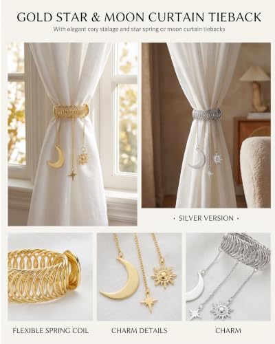 Gold Celestial Sun and Moon Elastic Curtain Tiebacks - Vintage Style