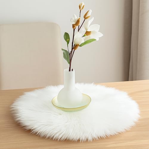 White Faux Fur Round Table Runner - 11.8 Inch Decor for Dresser, Wedding, Holiday