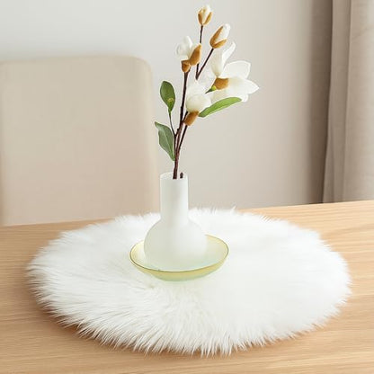 White Faux Fur Round Table Runner - 11.8 Inch Decor for Dresser, Wedding, Holiday