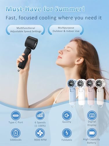 Black Portable Handheld Fan with 100 Speeds, 5000mAh Rechargeable Mini Personal Fan with LED Display and Foldable Design