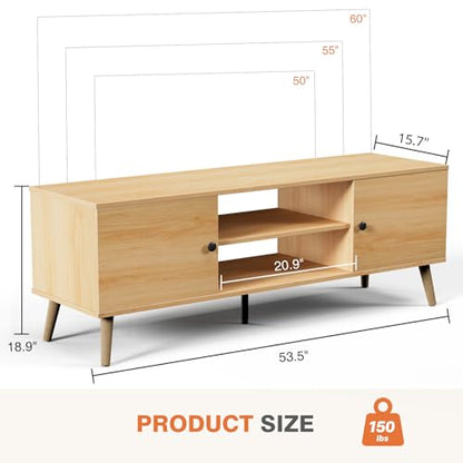 Wood TV Stand for 55-60 Inch TVs with Storage and Adjustable Feet