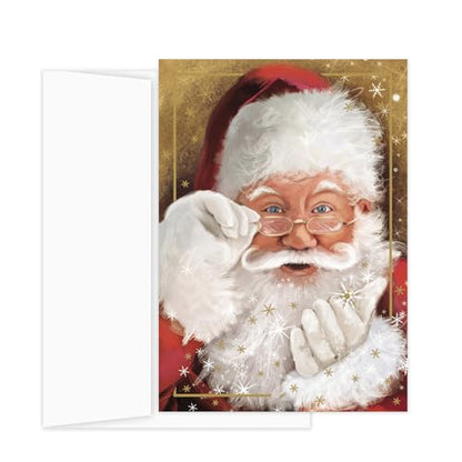 Sparkling Santa Christmas Cards Set - Gold Foil Holiday Greeting Cards with Inside Verse, 16 Pack, 5 5/8 x 7 7/8 Inches, Made in USA