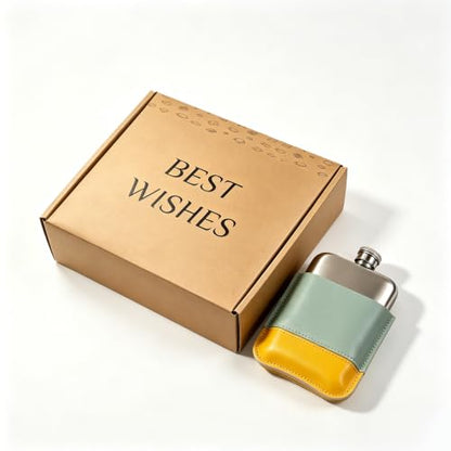 Yellow-Green 6oz Stainless Steel Hip Flask with Color-Block PU Cover - Portable Leakproof Liquor & Travel Flask