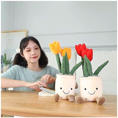 Tulip Plush Toy, 13" Orange Flower Pot Stuffed Throw Plushie Pillow Doll, Soft Fluffy Plant Friend Hugging Cushion - Present for Every Age & Occasion