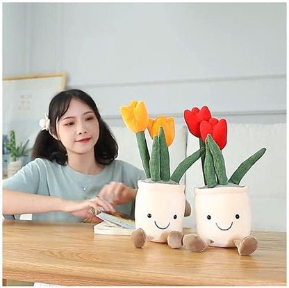 Tulip Plush Toy, 13" Orange Flower Pot Stuffed Throw Plushie Pillow Doll, Soft Fluffy Plant Friend Hugging Cushion - Present for Every Age & Occasion