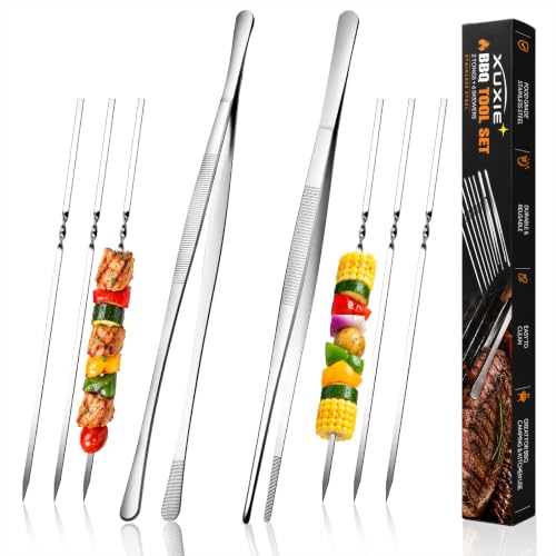 Silver Cooking Tweezers 12" Kitchen Tongs with 6 BBQ Skewers - 2 Pcs Set