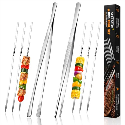 Silver Cooking Tweezers 12" Kitchen Tongs with 6 BBQ Skewers - 2 Pcs Set