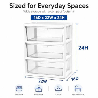 White 3 Drawer Plastic Storage Tower Wide Closet Organizer - Kids Safe