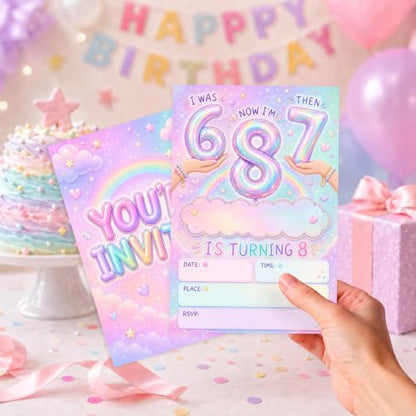 8th Birthday Invitations Rainbow Balloon Party Invites Pink - Pastel Rainbow Variation