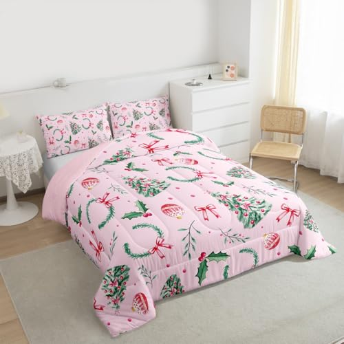 Merry Christmas Kids Comforter Set Twin Green Pink Yellow Xmas Bedding