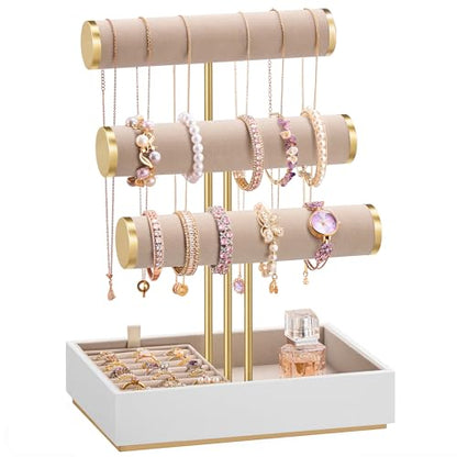 Cloud White + Camel Brown 3-Tier Jewelry Bracelet Holder Stand with Removable Ring Tray