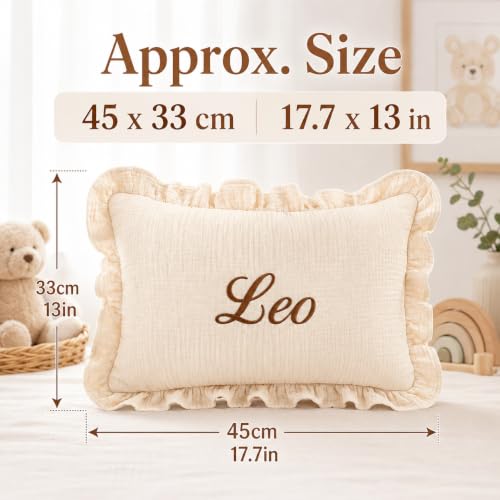 Personalized Nursery Name Pillow with Ruffle Edge - Custom Embroidered Toddler Cushion