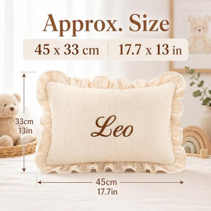 Personalized Nursery Name Pillow with Ruffle Edge - Custom Embroidered Toddler Cushion