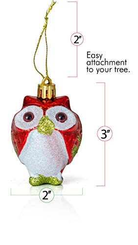 Christmas Owl Ornaments Set - Glitter Animal Tree Decorations, 3 Inches