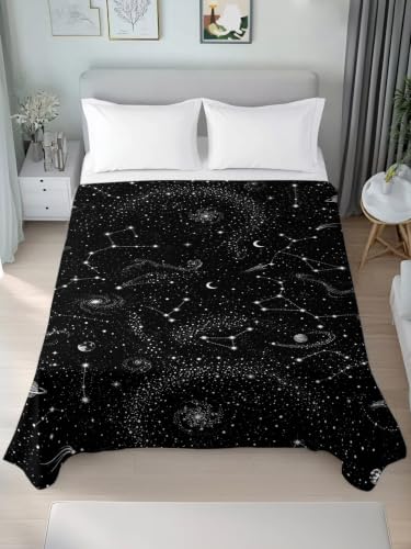Black Starry Sky Queen Size Flat Sheet - Wrinkleproof Cooling Microfiber Bedding Variation of Black / Queen 90x102