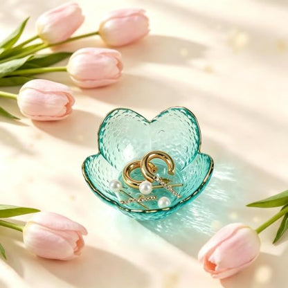 2 Pcs Flower Glass Jewelry Dish Set - Deep Pink & Deep Green Decorative Trinket Holders