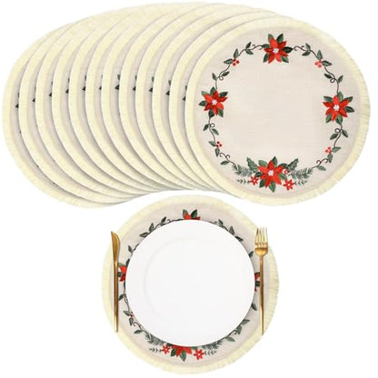 12 Pcs Christmas Round Placemats 15 Inch Embroidered Poinsettia Table Mats with Tassels