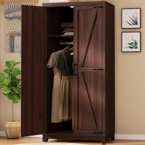 Tall Wooden Wardrobe Closet with Doors, Espresso Finish - 70"