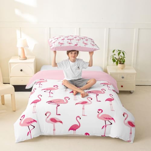 Pink and White Flamingo Duvet Cover Toddler Size Tropical Animal Bedding Set - Breathable Microfiber, No Comforter