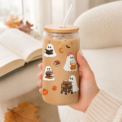 Halloween Ghost Glass Cup with Lid & Straw - 16oz Bookish Boo Basket Gift