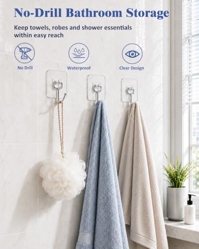 Heavy Duty Clear Adhesive Wall Hooks 12 Pack Supports 44 lb - No Nails