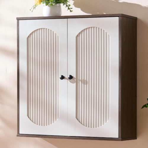 Bathroom Fluted Wall Cabinet with 2 Doors - Walnut/White, Fully Enclosed, 23.4 x 7.8 x 24.6 inches