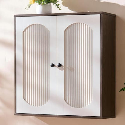 Bathroom Fluted Wall Cabinet with 2 Doors - Walnut/White, Fully Enclosed, 23.4 x 7.8 x 24.6 inches