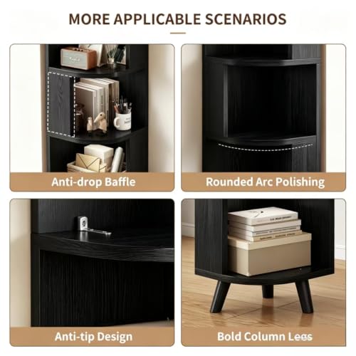 5-Tier Corner Bookshelf Black with Baffle - Space-Saving Wall Shelf
