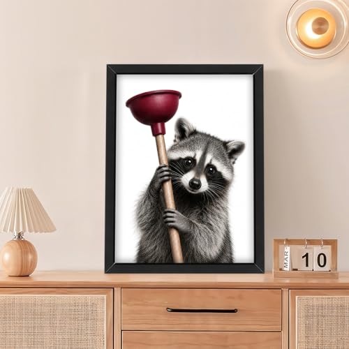Bathroom Raccoon Wall Art Decor - 16x12 Inches Wooden Framed Canvas
