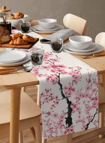 Japanese Style Cherry Blossom Table Runner 13x72 Inches Cotton Linen Burlap Pink