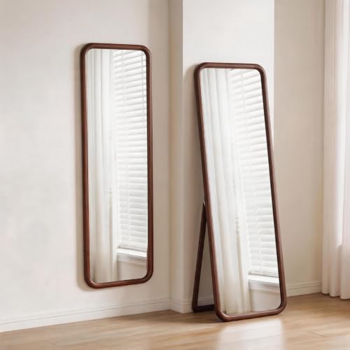 Walnut Wood Floor Mirror - Full-Length 63 x 18 in with Stand & Wall Mount