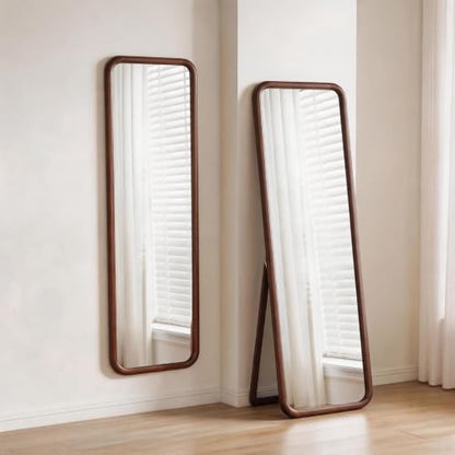 Walnut Wood Floor Mirror - Full-Length 63 x 18 in with Stand & Wall Mount