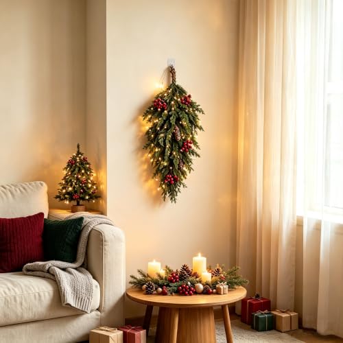 Pre-lit Cypress Teardrop Swag with Lights, Pinecones & Berries - Indoor Outdoor Christmas Decor