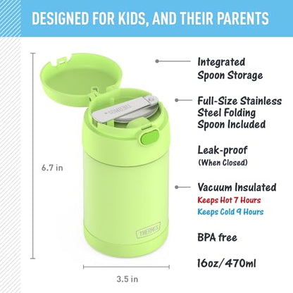 THERMOS FUNTAINER 16 Ounce Stainless Steel Vacuum Insulated Food Jar with Folding Spoon, Neon Lime