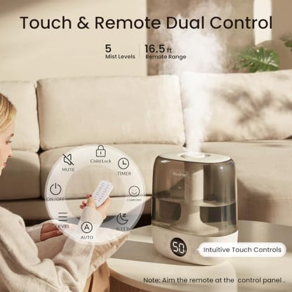 Cool Mist Ultrasonic Humidifier 6L for Bedroom with Auto Humidity Control