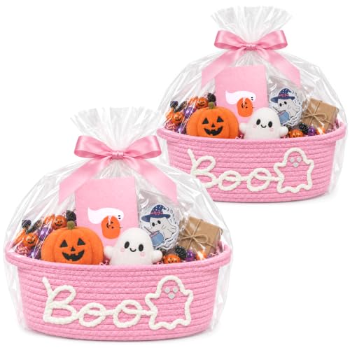 Pink Halloween Boo Basket with Handles - 2 Pack Ghost Gift Baskets for Women