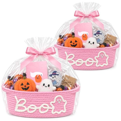 Pink Halloween Boo Basket with Handles - 2 Pack Ghost Gift Baskets for Women